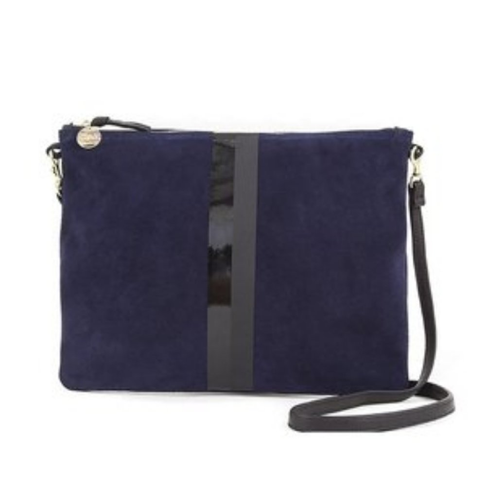 CLARE V Simple Stripe Navy Suede Single Sac Bretelle